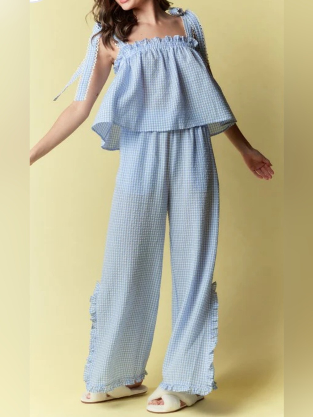 💙🤍NWOT RARERAW  boutique, brand Gingham Wide-Leg 2 piece tank and pant set med